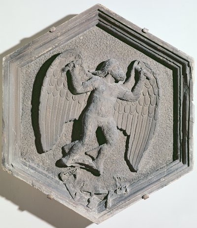 De Kunst van het Vliegen, Daedalus, hexagonale decoratieve reliëftegel uit een serie die de beoefenaars van de Kunsten en Wetenschappen afbeeldt, mogelijk gebaseerd op ontwerpen van Giotto (ca. 1266-1337) ca. 1334-48 door Andrea Pisano